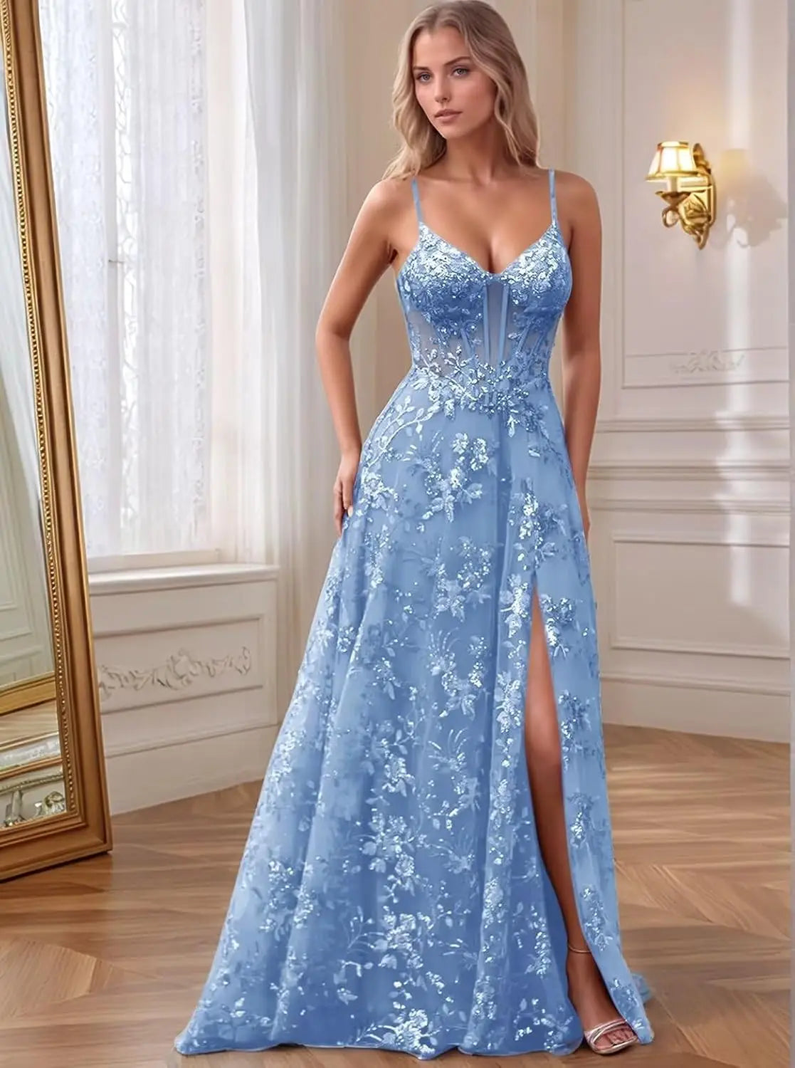 Spaghetti Strap Tulle Appliques Prom Dresses with Slit V Neck Sequin Evening Gown Women Formal Pageant Dress Long Party Dresses