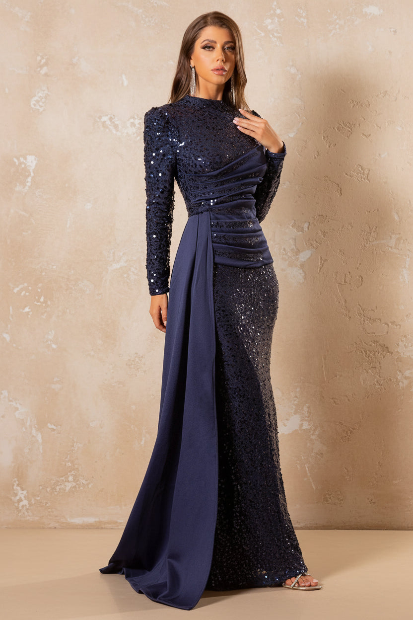 Full Sleeved Navy Sequined Evening Gown Side Ribbon Stand Collar Formal Dresses for Women