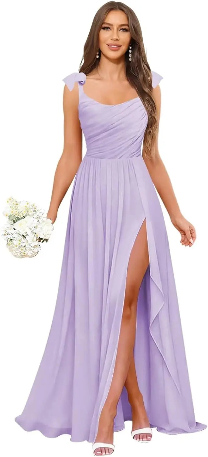 Square Neck Bridesmaid Dress with Ruffle Slit Chiffon Spaghetti Straps Ruched Bust Long Formal Prom Wedding Guest Gown