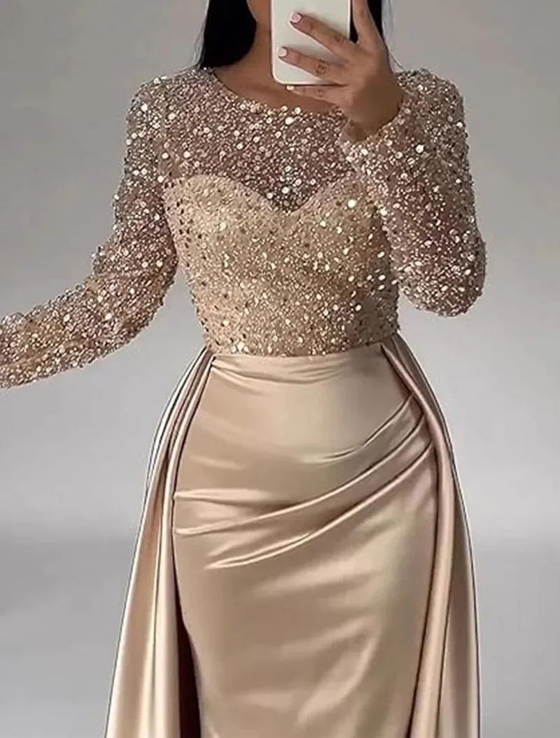 Shiny Sequin Evening Dress Long Sleeve Women's Style Queen Atmosphere Hostess Annual Ball Ceremony Chic Lady Fashionable Mommy O
