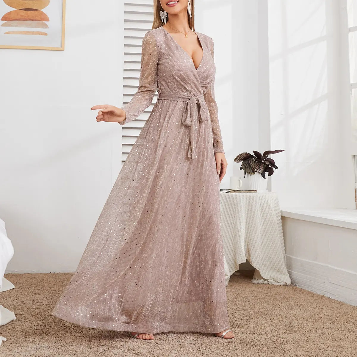 MGIACY V-neck mesh glitter gold elegant long-sleeved dress