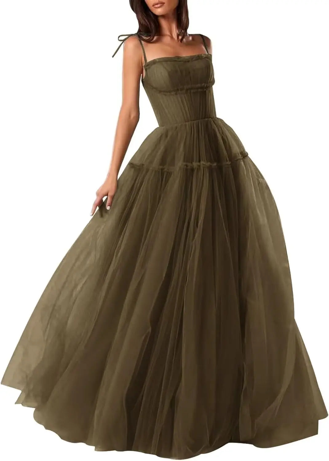 Women's Tulle Prom Dresses Spaghetti Straps Bridesmaid Dresses Long A Line Foraml Evening Party Gowns Tiered Fluffy Skirt Dress