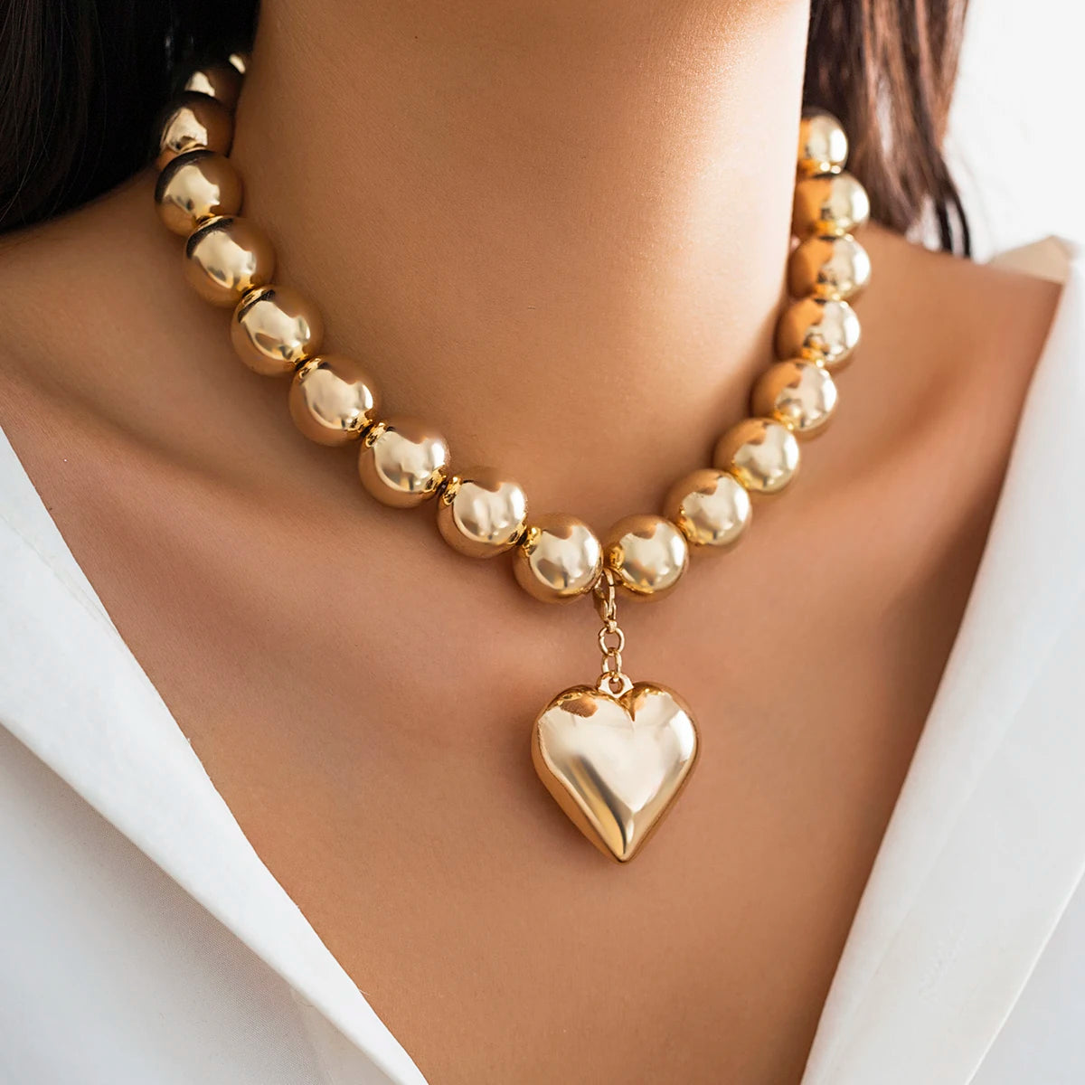 Salircon Big CCB Ball Beaded Chain Heart Shape Pendant Necklace for Women Gold Color Trendy Clavicle Choker Necklace  Jewelry