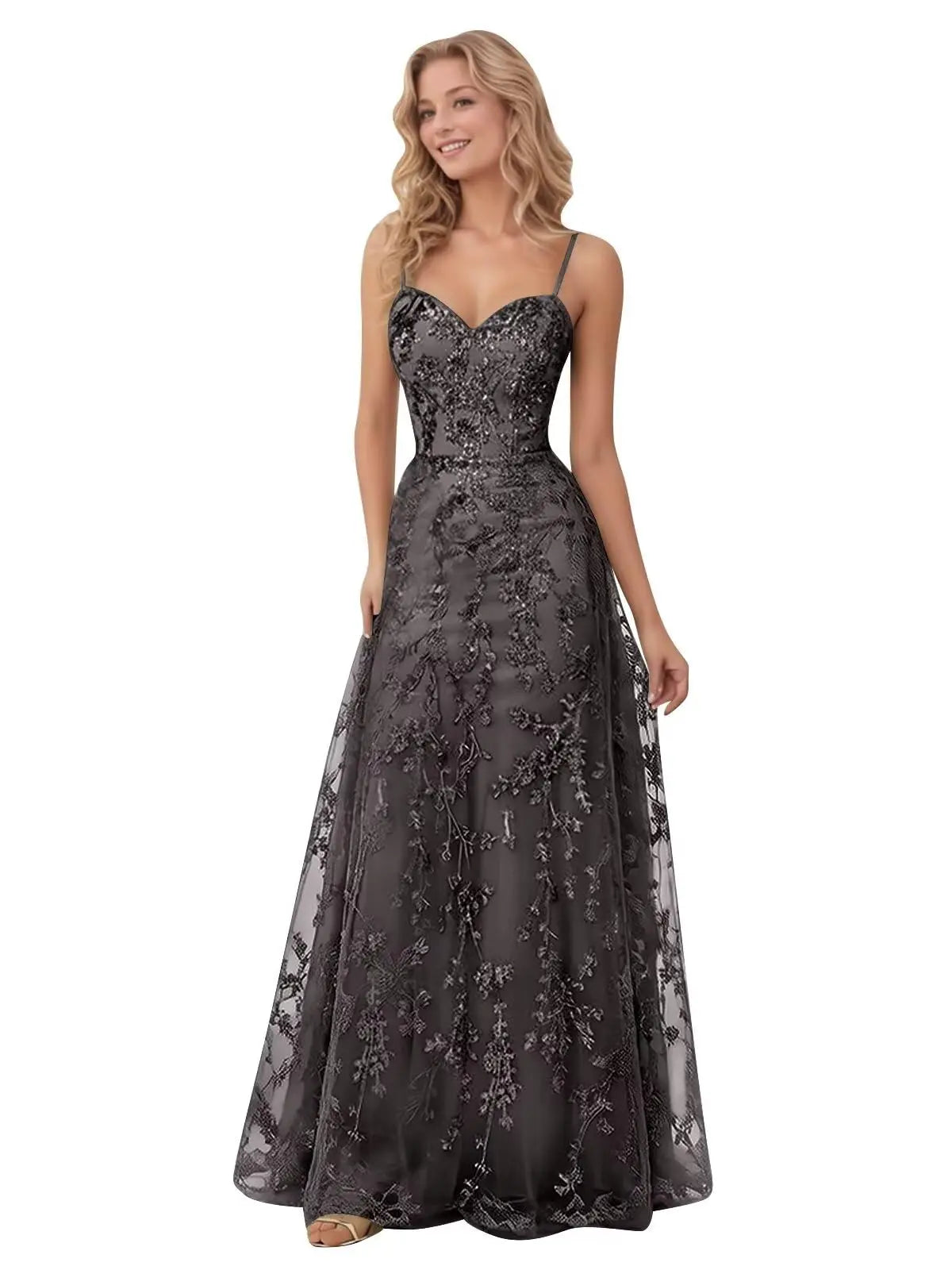 Tulle Formal Dress Laces Spaghetti Strap Sparkly Prom Dress for Women Long Evening Party Gown Formal Dress Women Elegant