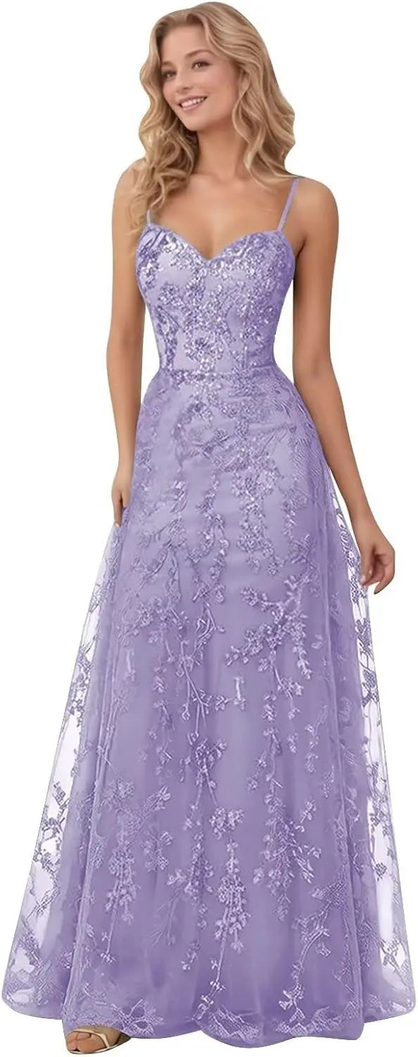 Tulle Formal Dress Laces Spaghetti Strap Sparkly Prom Dress for Women Long Evening Party Gown Formal Dress Women Elegant