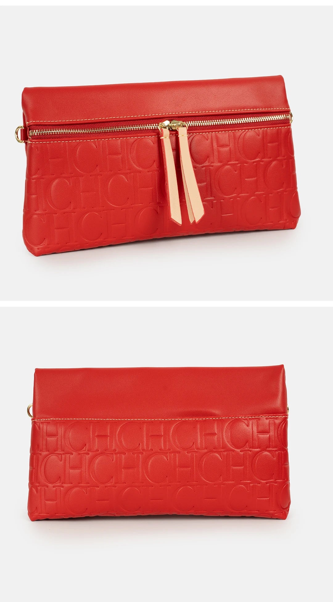 CH Vintage Red PU Leather Crossbody Bag Embossed CH Letter Double Zipper Shoulder Handbag For Retro Outfits