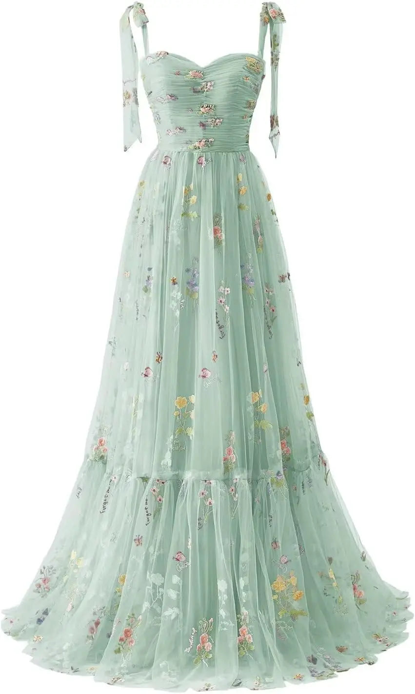 Tulle Prom Dresses for Women Flower Embroidery A-Line Formal Evening Party Gowns Formal Dress Women Elegant Evening Dress