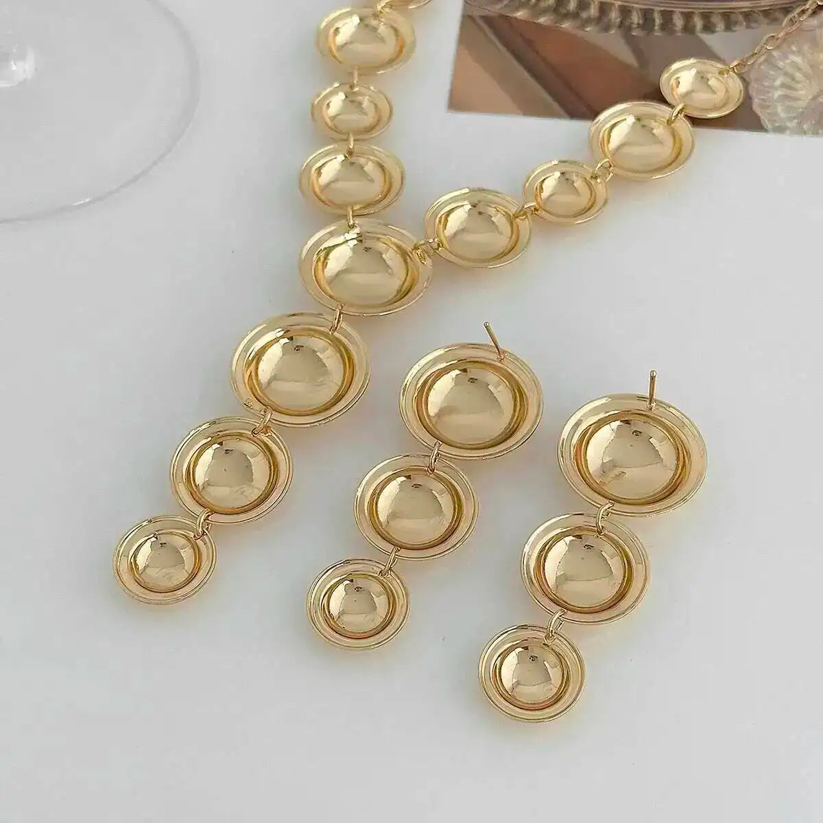 KunJoe Luxury Glossy Round Pendant Necklace Drop Earrings Jewelry Set for Women Elegant Sexy Y-Shaped Long Chain Necklace Gifts