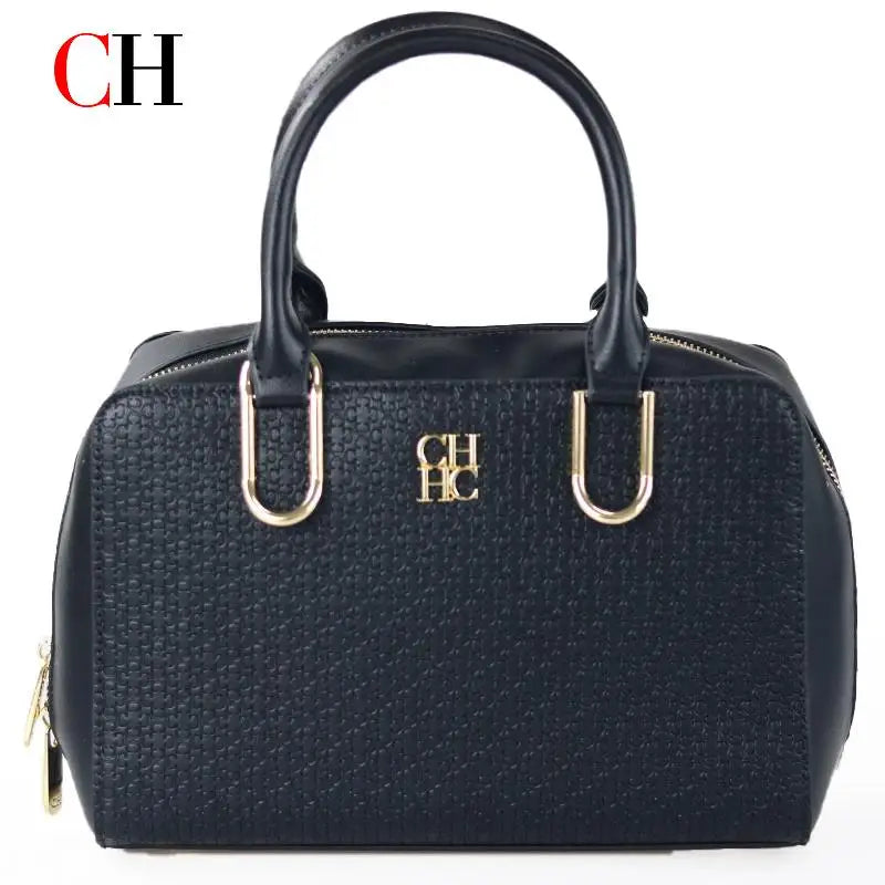 CH Luxury Boston Bag Women Woven Texture PU Leather Top Handle Handbag Metal Hardware Zipper Shoulder Bag for Daily Commute