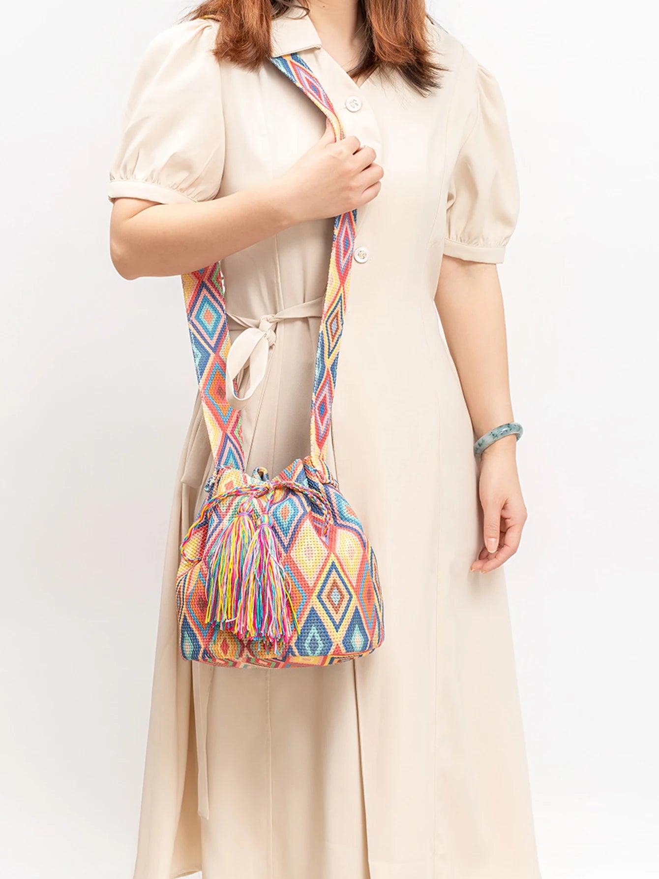 Boho style embroidered bucket bag