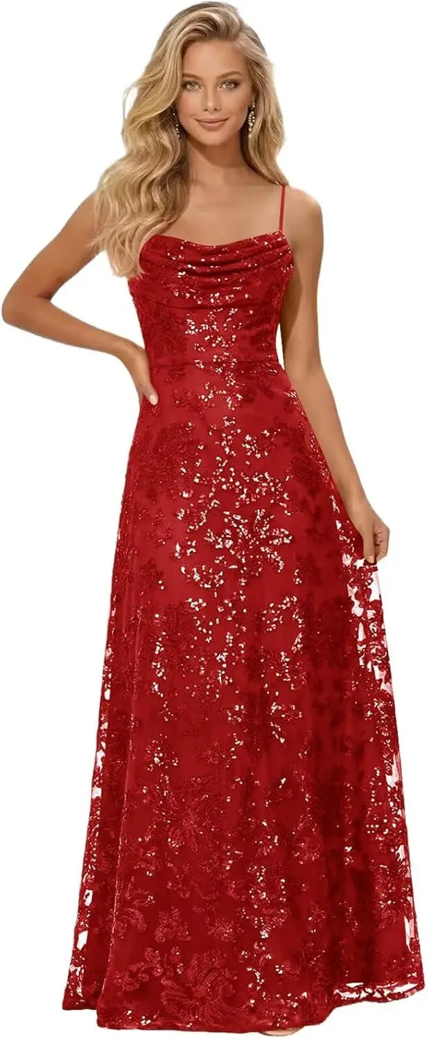 Lace Sequin Long Prom Dresses for Women 2026 Sparkly Pleated A Line Formal Evening Ball Gown Women Elegant Party Dresses