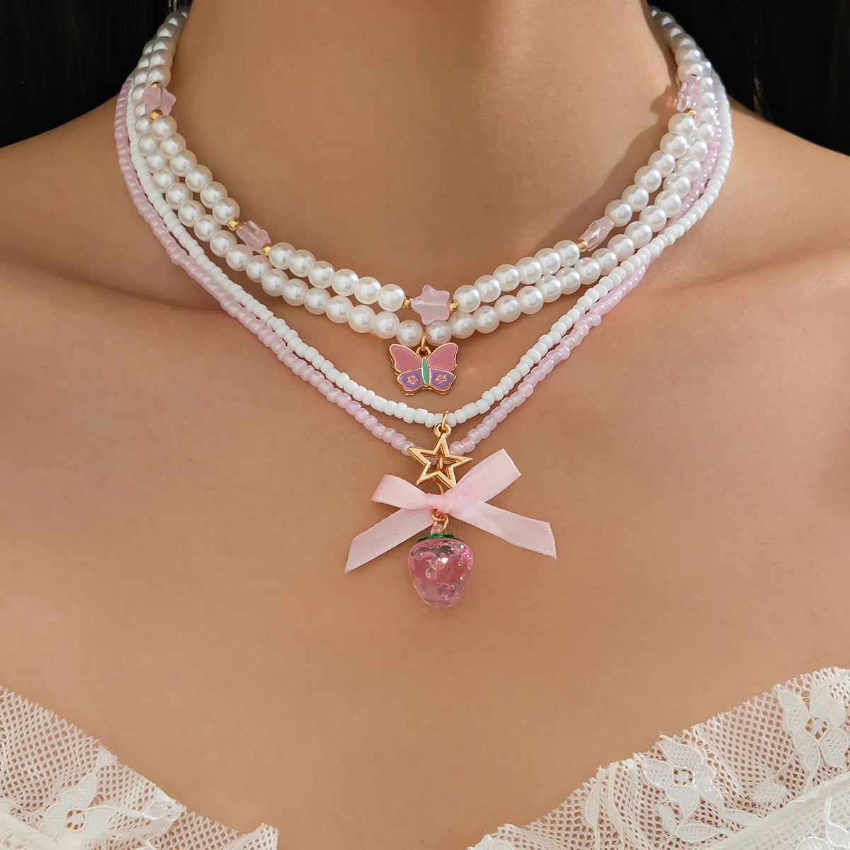 Salircon Romantic Lovely Pink Strawberry Bowkont Pendant Women Necklace Set Elegant Multilayer Imitation Pearl Choker Jewelry