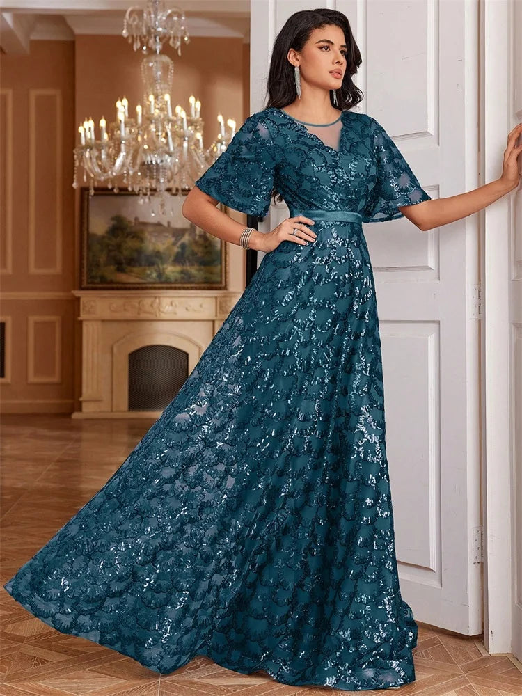 Elegant V-Neck Short sleeve Sequins Evening Dresses Long New Luxury Formal Mermaid Party Graduation Cocktail Gowns