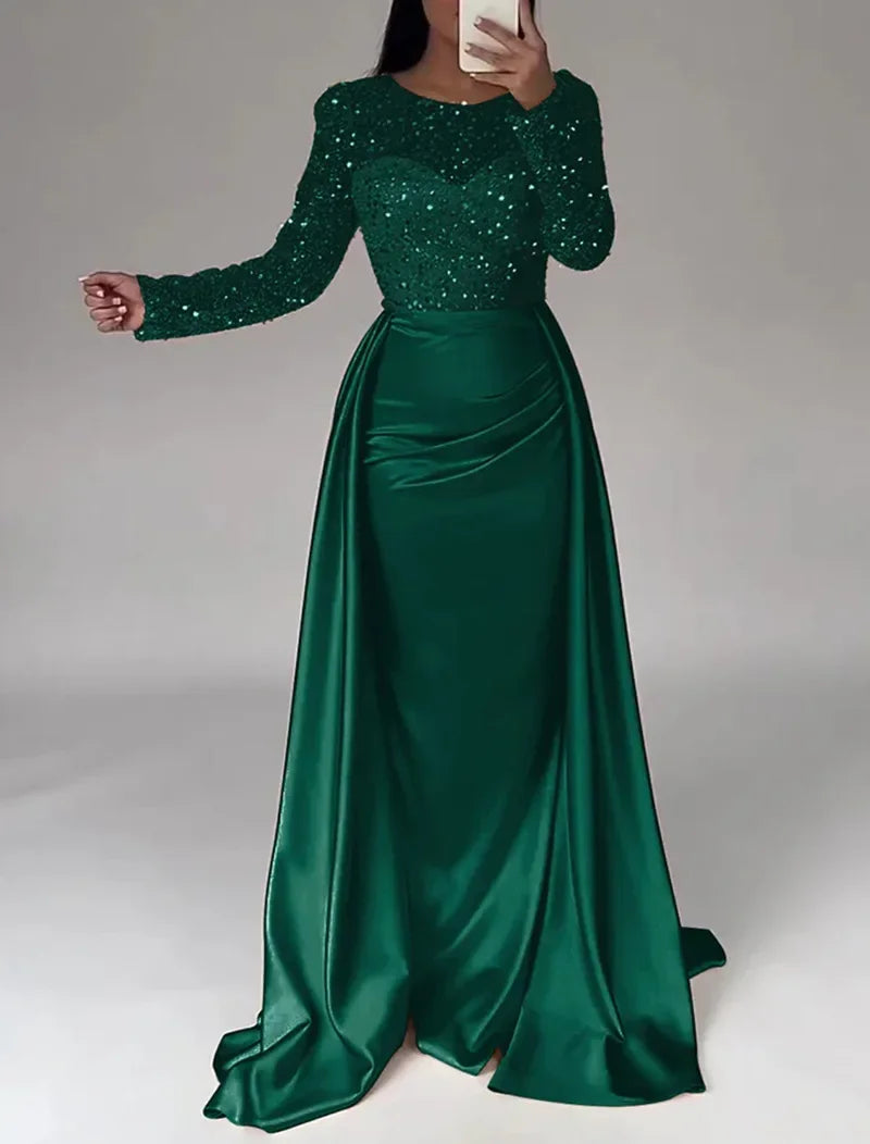 Shiny Sequin Evening Dress Long Sleeve Women's Style Queen Atmosphere Hostess Annual Ball Ceremony Chic Lady Fashionable Mommy O