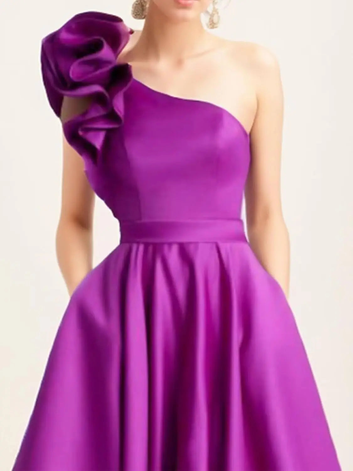 Women's One Shoulder Elegant Evening Dress with Pockets Satin Tea Length A Line Formal Wedding Guest Dress Prom Dresses