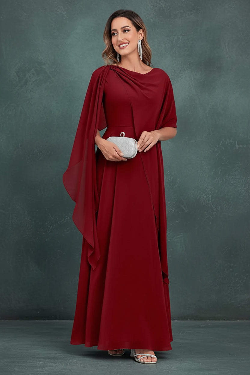 Scoop Neck Mother of The Bride Dresses Cape Shawl Ruffle Long Formal Evening Gowns Chiffon A Line Wedding Guest Bridesmaid Dress