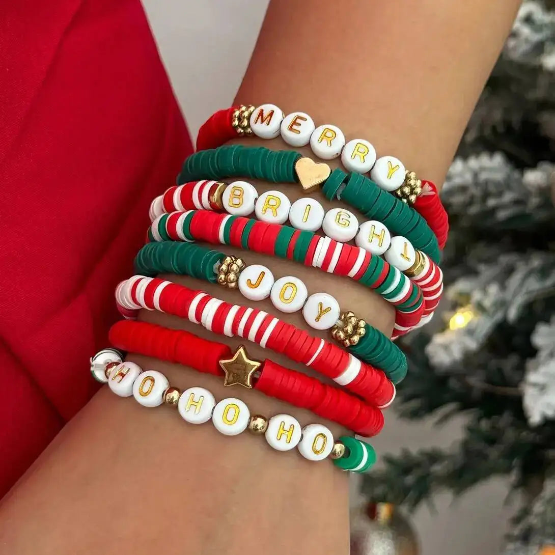 Salircon 8 Pcs Y2K Christmas Series Polymer Clay Bead Adjustable Bangles Women New Year Elastic Stackable Bracelets Jewelry Gift