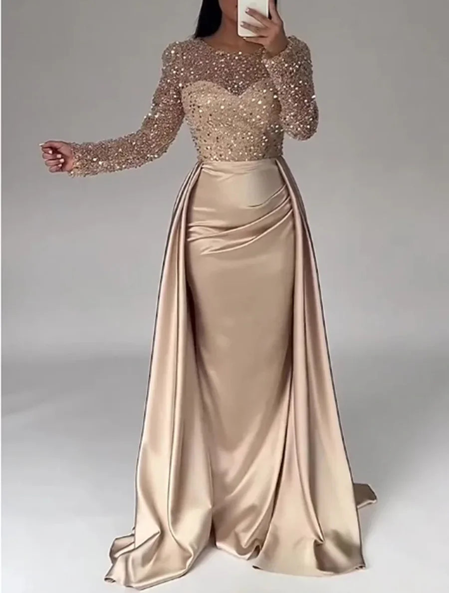 Shiny Sequin Evening Dress Long Sleeve Women's Style Queen Atmosphere Hostess Annual Ball Ceremony Chic Lady Fashionable Mommy O