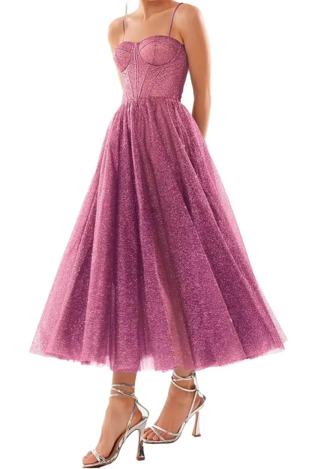 A Line Glitter Tea Length Formal Evening Cocktail Party Dresses for Women, Sequined Spaghetti Midi Corset Prom Gowns Cocktail