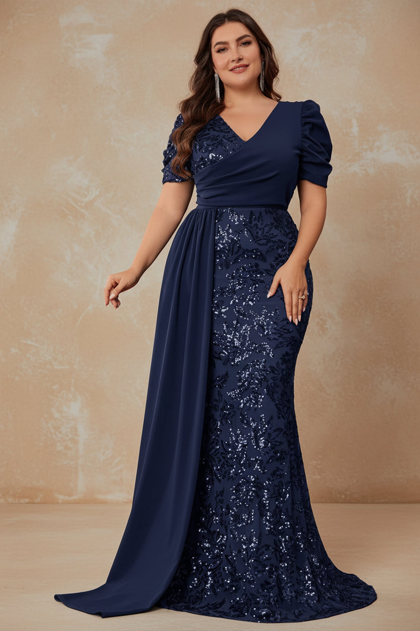 Plus Size Elegant V-neck Sequins Evening Dress Women Short Sleeves Mermaid Formal Luxury Party Streamer Prom Dress