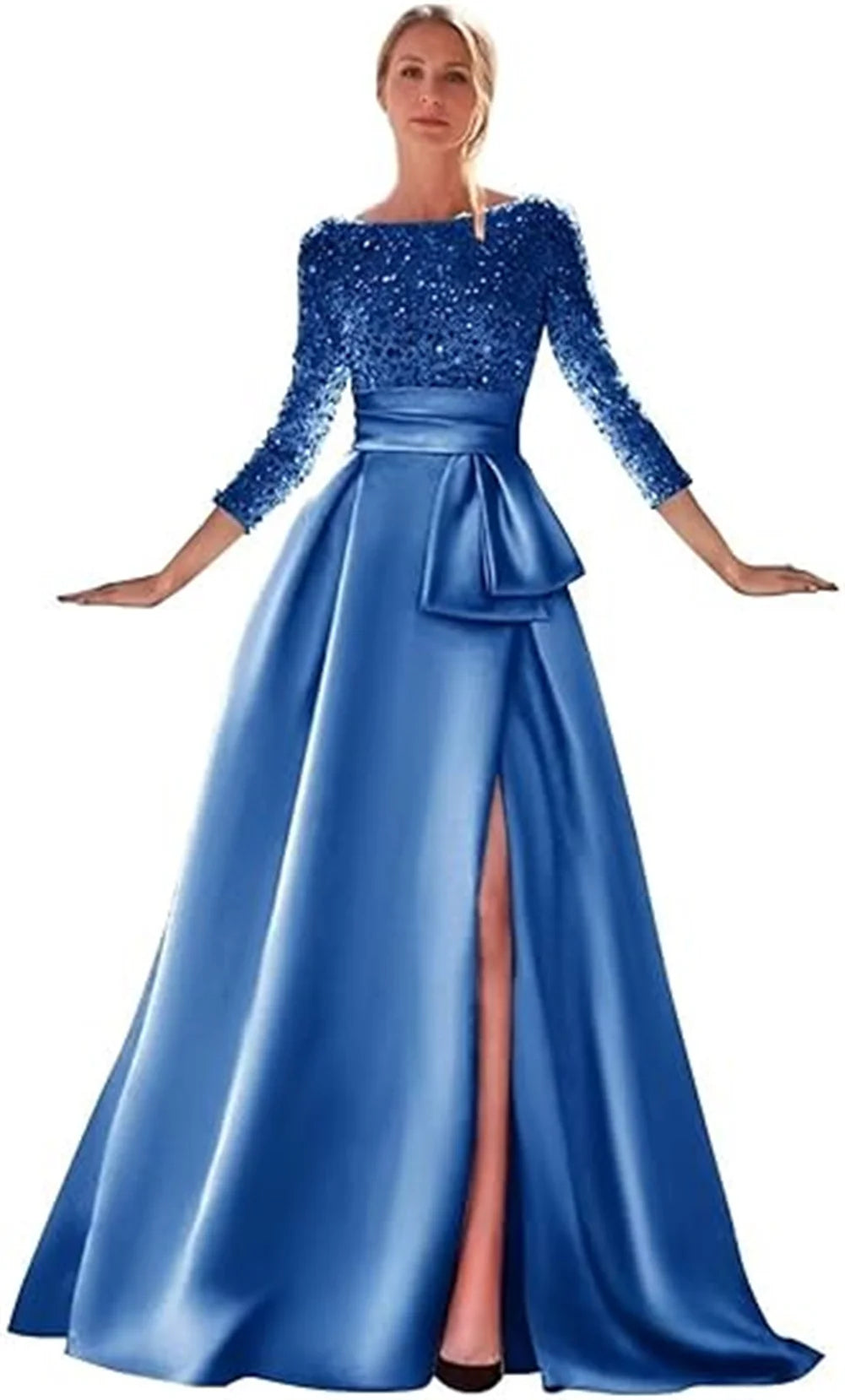 Long Sleeves Mother Of The Bride Dresses For Wedding Sparkly Sequin Ball Gowns Side Slit Satin Formal Party Prom Gown