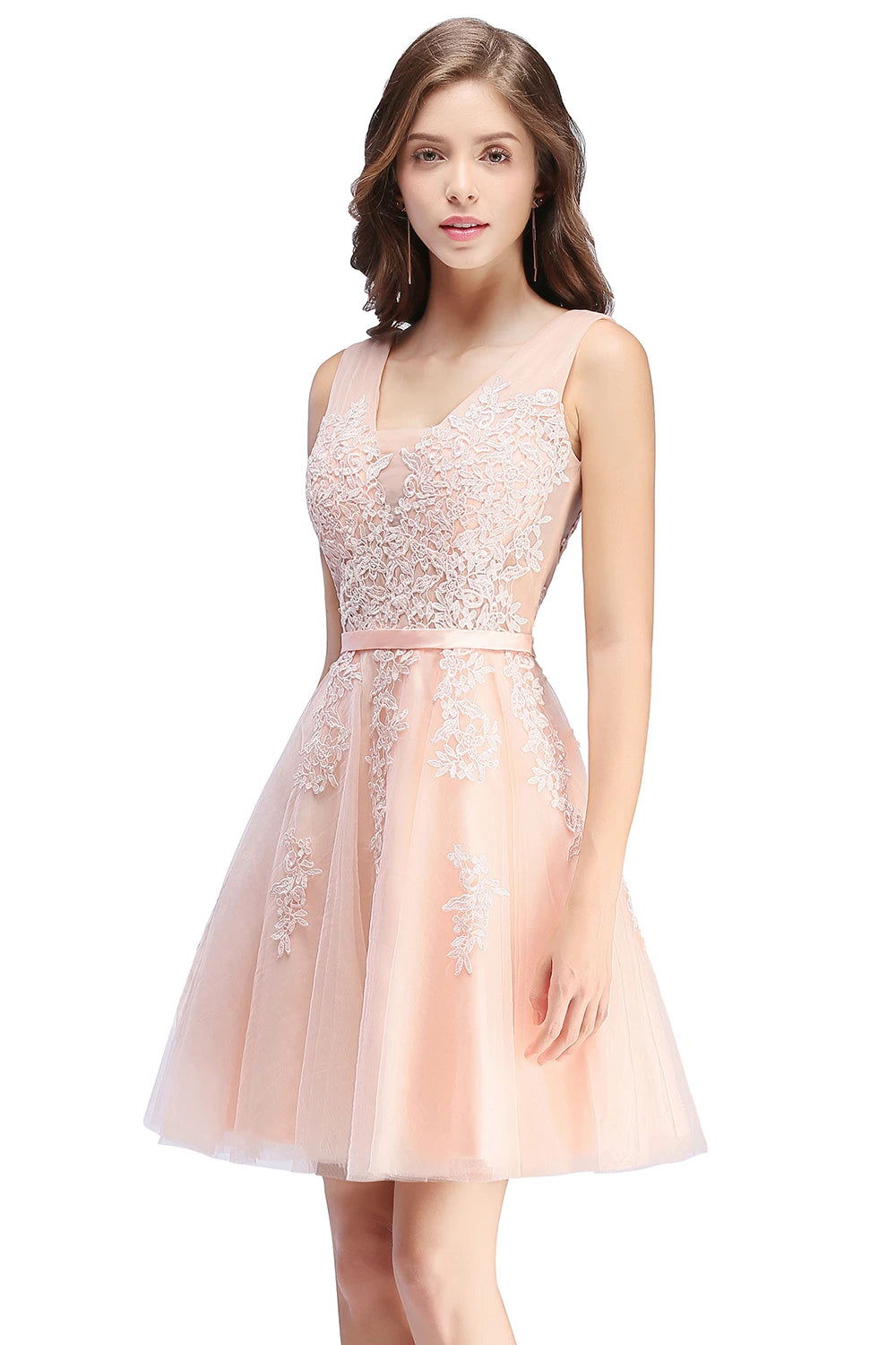 BABYONLINE Burgundy Bridesmaid Dresses with Lace Appliqué, V-Back & Flowy Tulle Skirt for Weddings,Elegant Short Party Dress