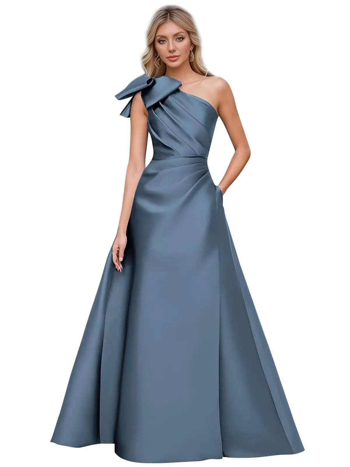 Women’s One Shoulder Prom Dresses Satin Mother of The Bride Dresses A Line Modest Formal Evening Gown with Bow