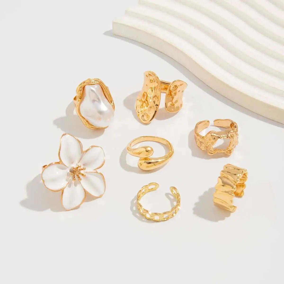 KunJoe 7Pcs/Set Imitation Pearl White Flower Open Ring for Women Trendy Geometry Water Drop Adjustable Finger Ring Jewelry Gift