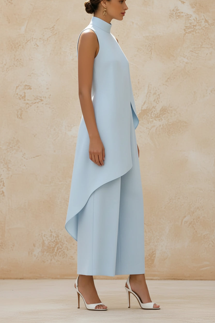 Sleeveless High Neck Asymmetrical Layered Wide Leg Jumpsuit for Women Elegant Formal Evening Wear