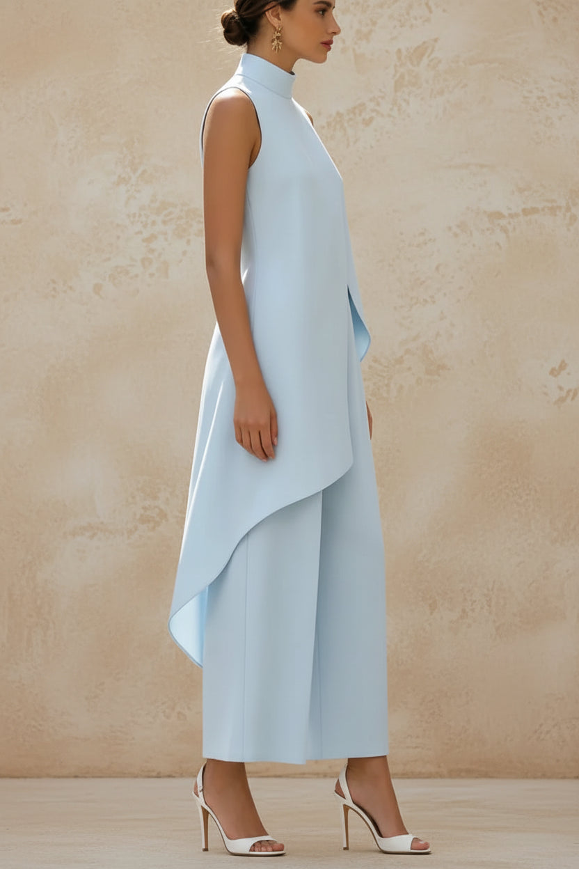 Sleeveless High Neck Asymmetrical Layered Wide Leg Jumpsuit for Women Elegant Formal Evening Wear