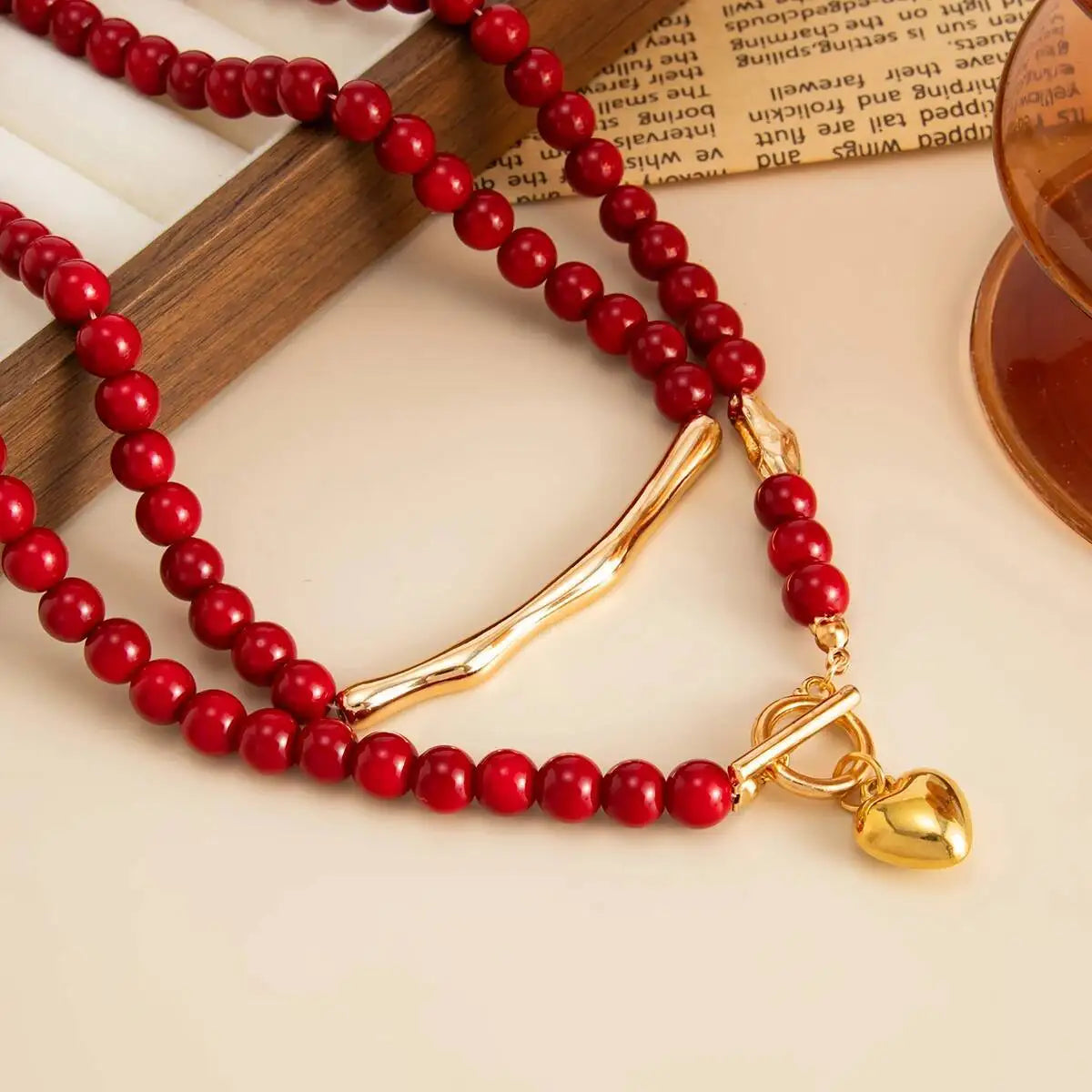 KunJoe Vintage Red Acrylic Beaded Choker Necklace for Women Trendy Stacked Love Heart Pendant Necklace New Year Jewelry Gifts