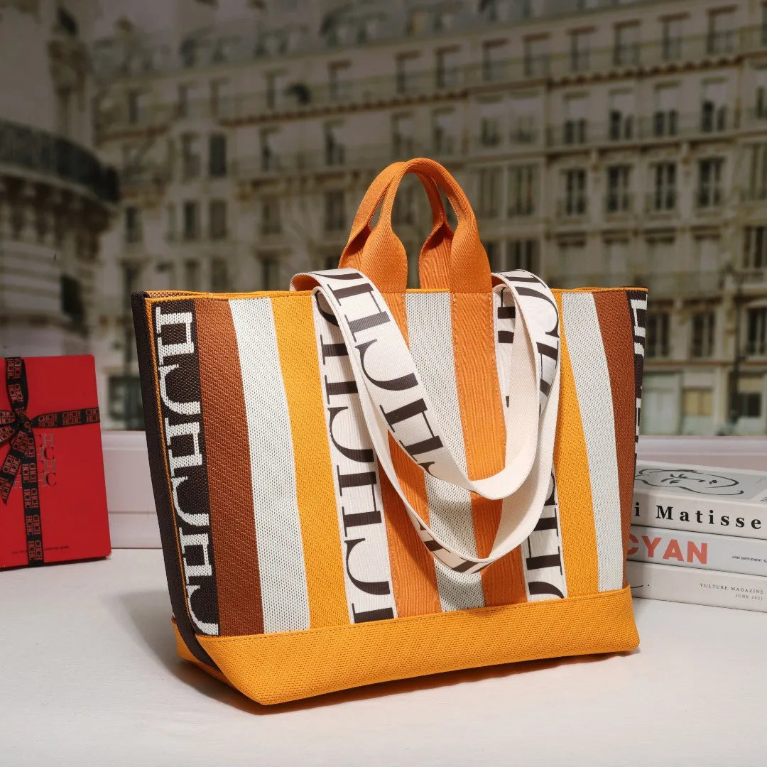 Women's Tote Bag Simple Stripe Design Women's Shoulder Bag Letter Print Large Capacity Commuter Style Classic Ladies Crossbod