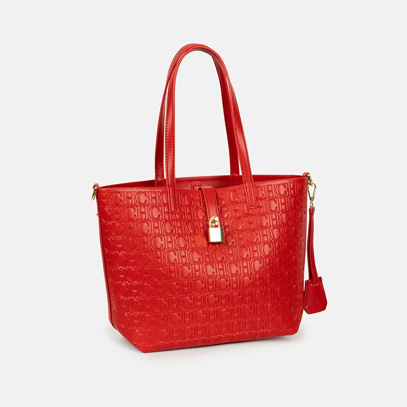 CH Embossed Monogram Tote Handbag Detachable Crossbody Strap Gold Lock Hardware Daily Fashion Women Bag