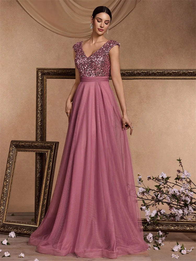 Luxury V-neck Chiffon Pink Evening Dresses