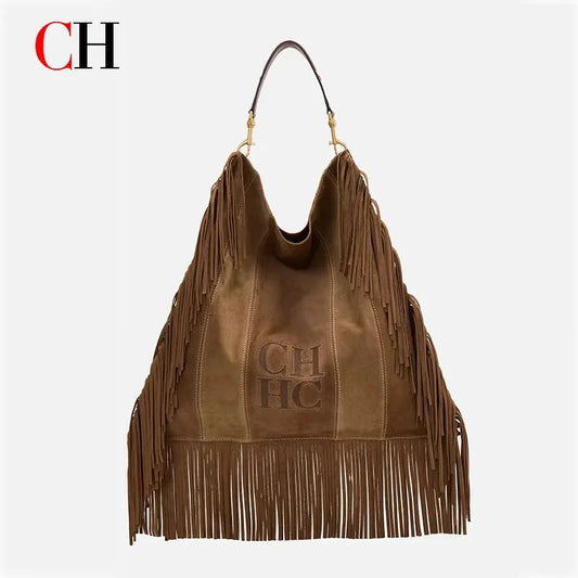 CH Leather Suede Fringe Hobo Bag Brown Large Capacity Tassel Shoulder Bag Retro Western Style Casual Handbag For Women Daily