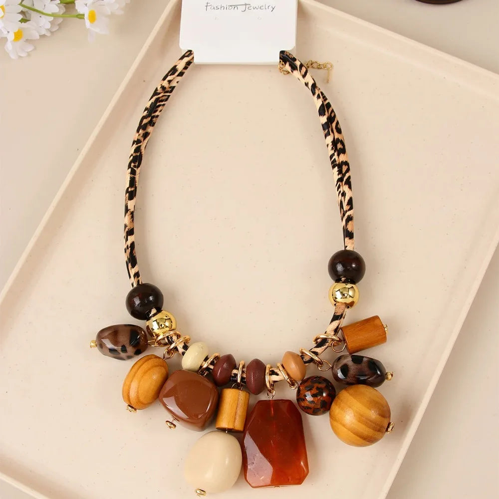 Boho Leopard Print Resin Bead Statement Necklace, Earth Tone Fashion Jewelry for Women, Vacation & Daily Wear Accessory