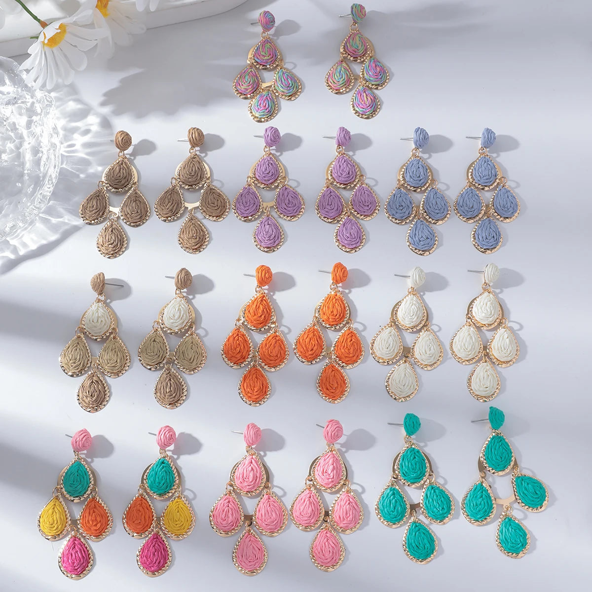 Women's Bohemian Fashion Handmade Water Drop Long Earrings Colorful Rattan Knit Raffia Hanging Party Jewelry Accessory
