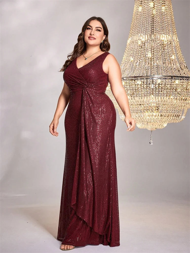 Plus Size Luxury Floor Length V-Neck Evening Dress Elegant Party Women 2025 Sequins Formal Prom Cocktail Graduation Gowns