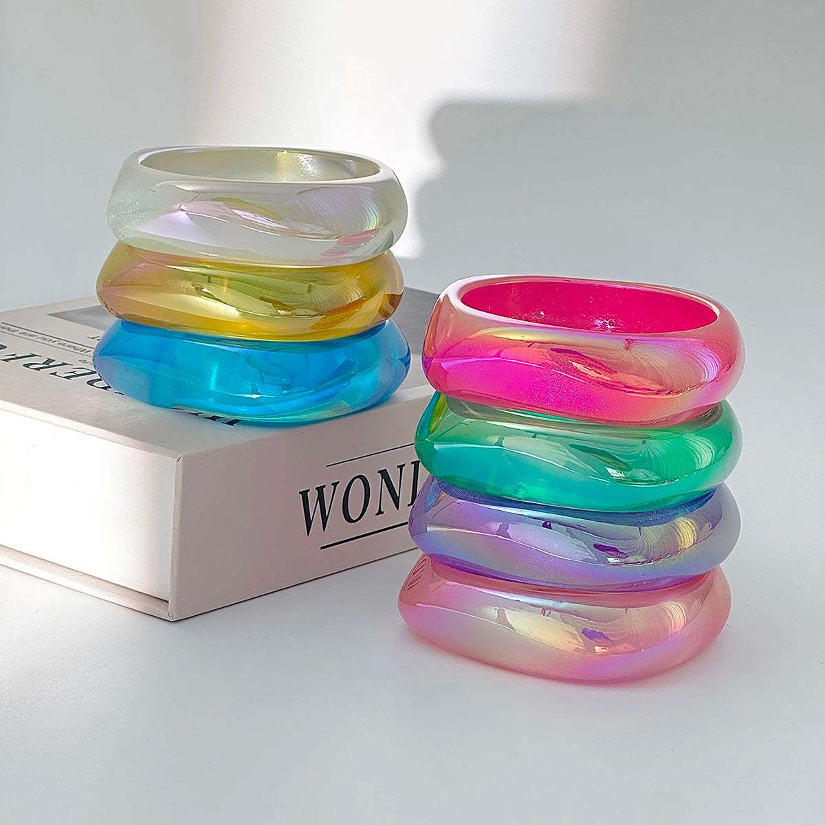 Salircon Fashion 7 Styles Colorful Transparent Resin Irregular Geometric Bangles Women Boho Chunky Wide Bracelets Jewelry Gifts