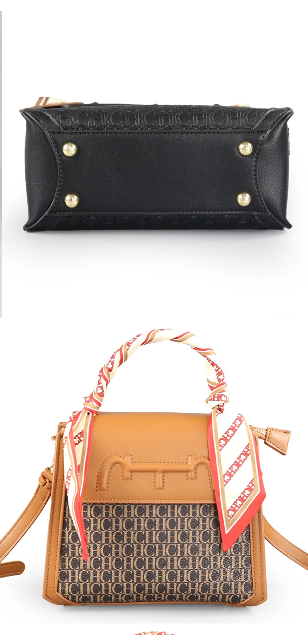 CH Women's Monogram Embossed Crossbody Bag with Scarf Handle & Horsebit Detail Fashion Shoulder Bag for Daily/Party