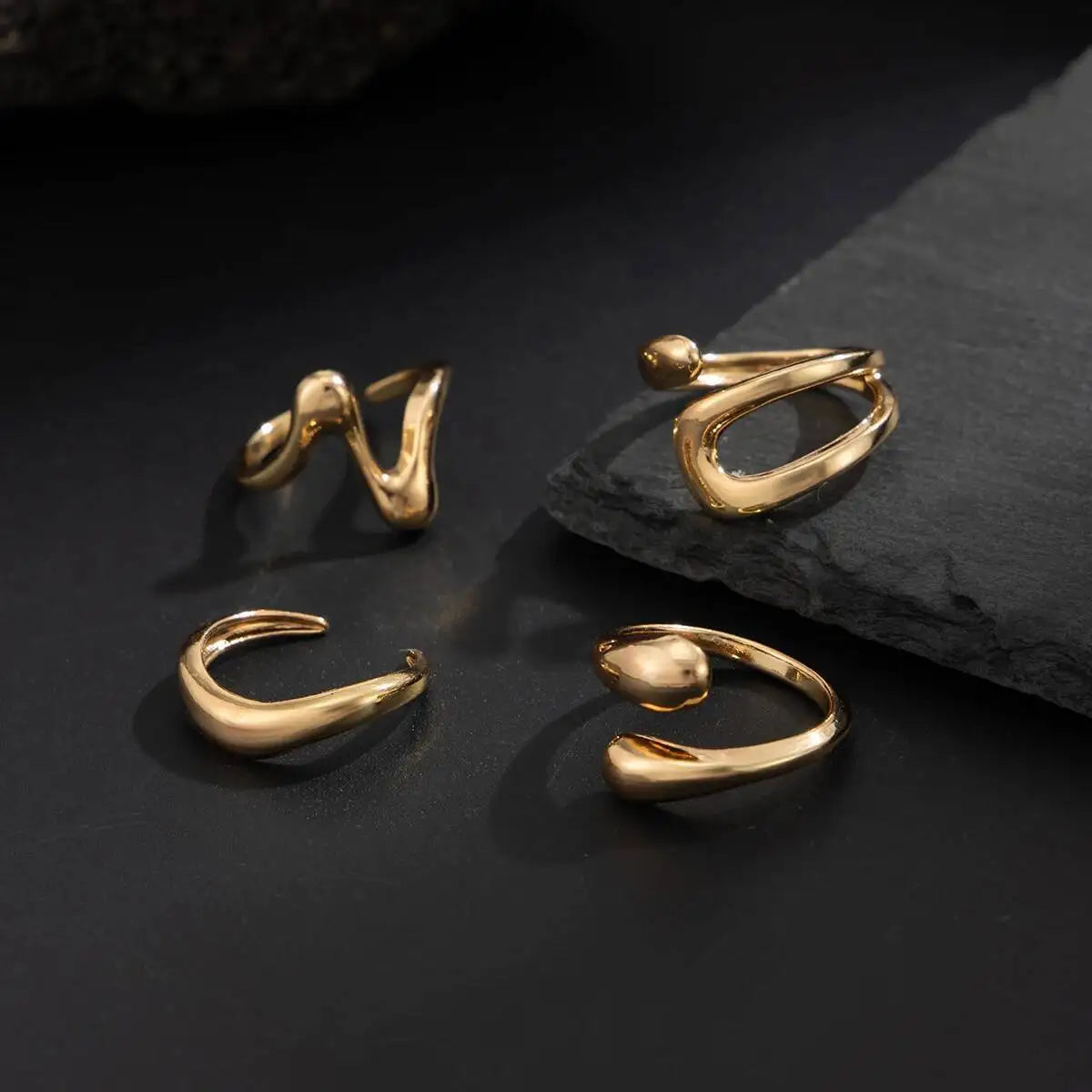 Salircon 4Pcs/Set Fashion Metal Irregular Geometric Open Finger Rings Women Punk Adjustable Gold Color Ring Couple Jewelry Gifts
