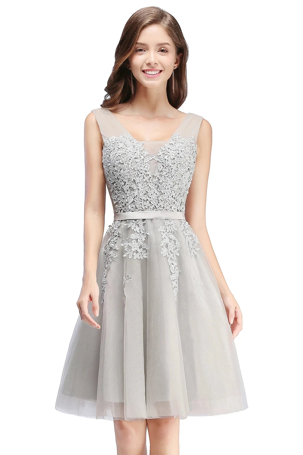 BABYONLINE Burgundy Bridesmaid Dresses with Lace Appliqué, V-Back & Flowy Tulle Skirt for Weddings,Elegant Short Party Dress