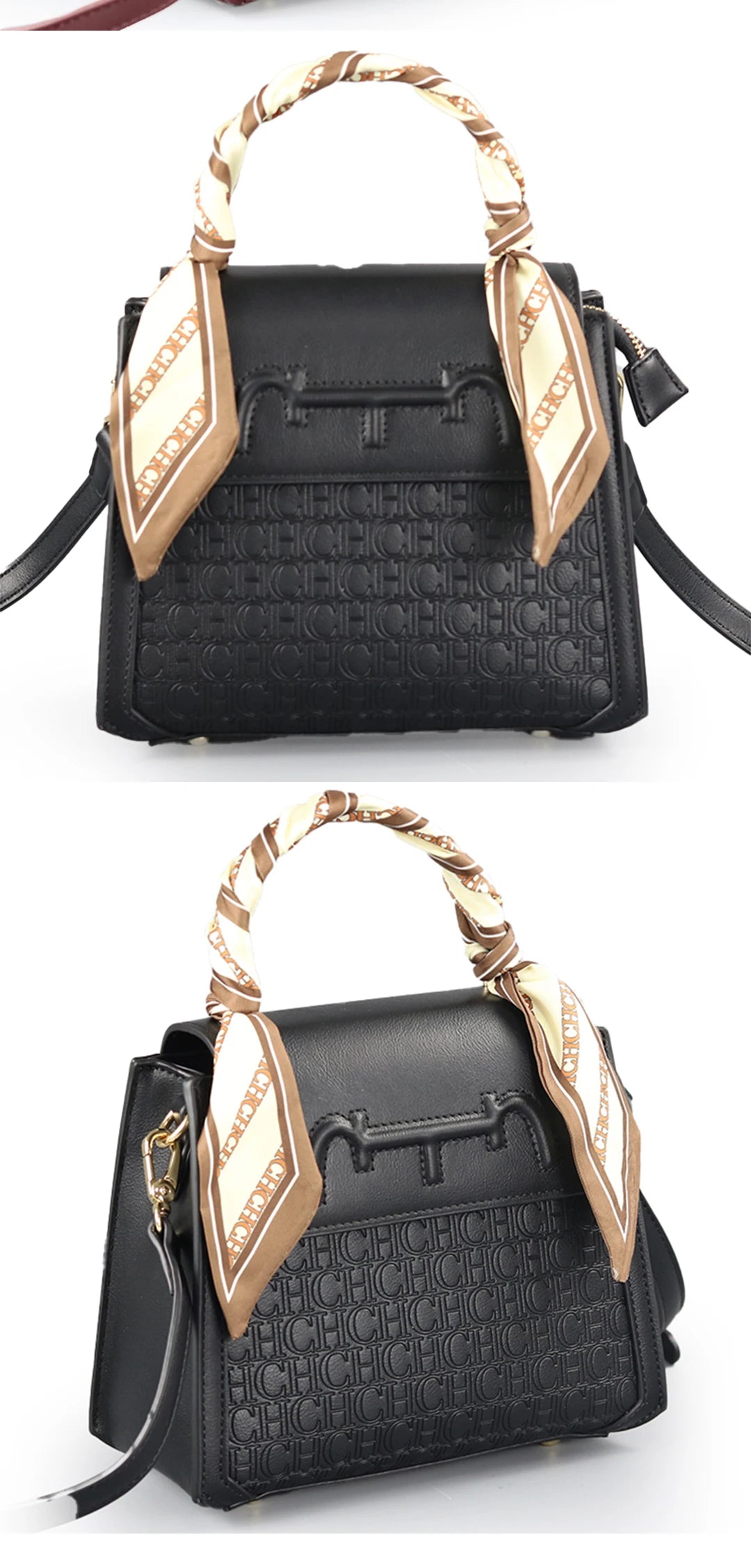 CH Women's Monogram Embossed Crossbody Bag with Scarf Handle & Horsebit Detail Fashion Shoulder Bag for Daily/Party