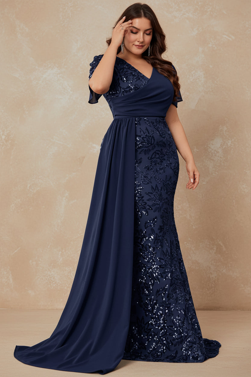 Plus Size Elegant V-neck Sequins Evening Dress Women Short Sleeves Mermaid Formal Luxury Party Streamer Prom Dress