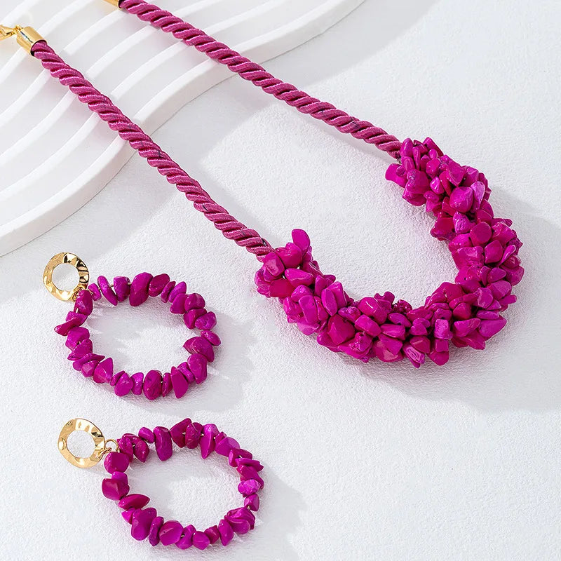 Vintage Rose Red Stone Hand Short Necklace Stud Earrings Set for women girls holiday party gift S284