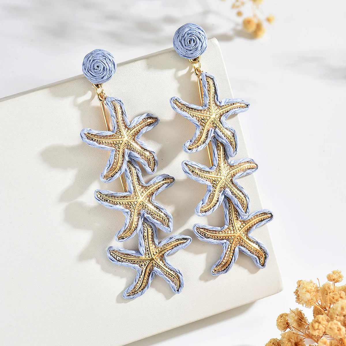 Women Handmade Rainbow Straw Triple Starfish Earrings Color Block Raffia Ball Stud Long Sea Star Dangling Earrings Bohemian Seas