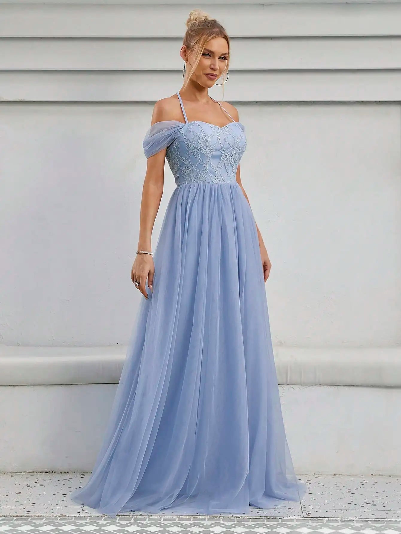 MGIACY    line neck back lace lace mesh pleated bridal gown