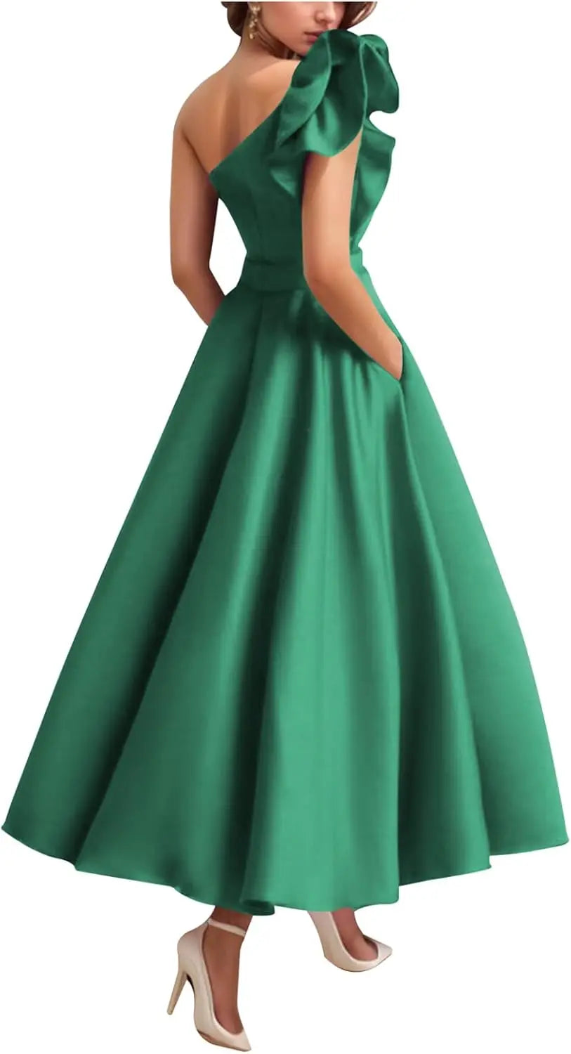 Women's One Shoulder Elegant Evening Dress with Pockets Satin Tea Length A Line Formal Wedding Guest Dress Prom Dresses