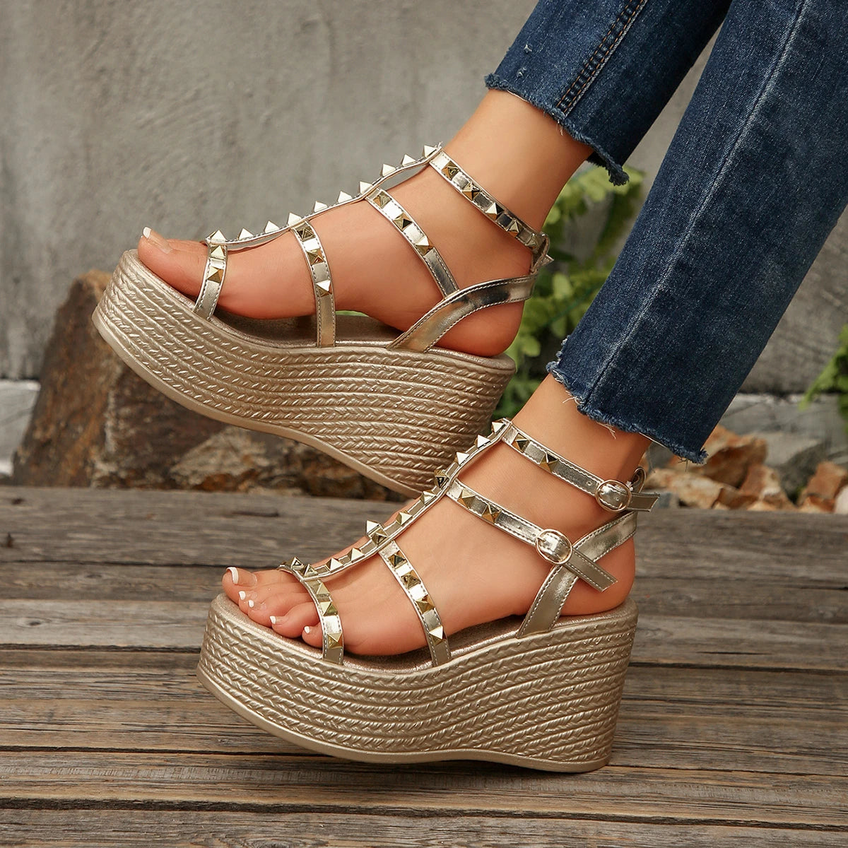 Gold Rivet Studded Wedge Sandals Ankle Strap Espadrille Platform Sole