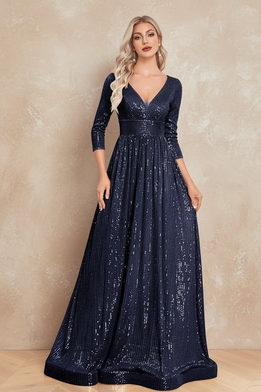 Luxury V Neck Long Sleeves Blue Sequins Formal Evening Dress Women 2024 Wedding Party Prom Maxi Cocktail Dress Gowns